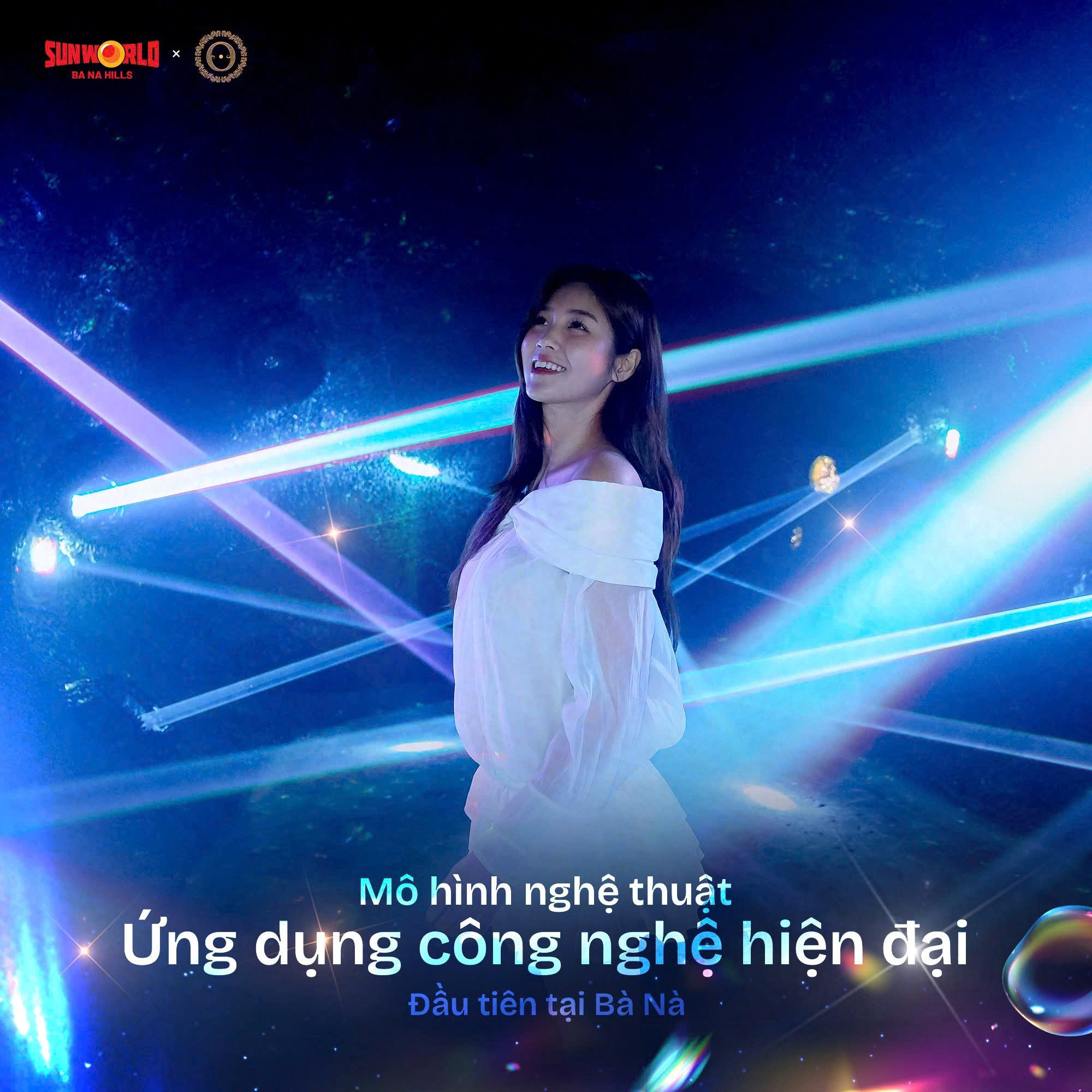 Bà Nà Hills với ánh sáng nghệ thuật rực rỡ, tạo không gian sống động và hiện đại.